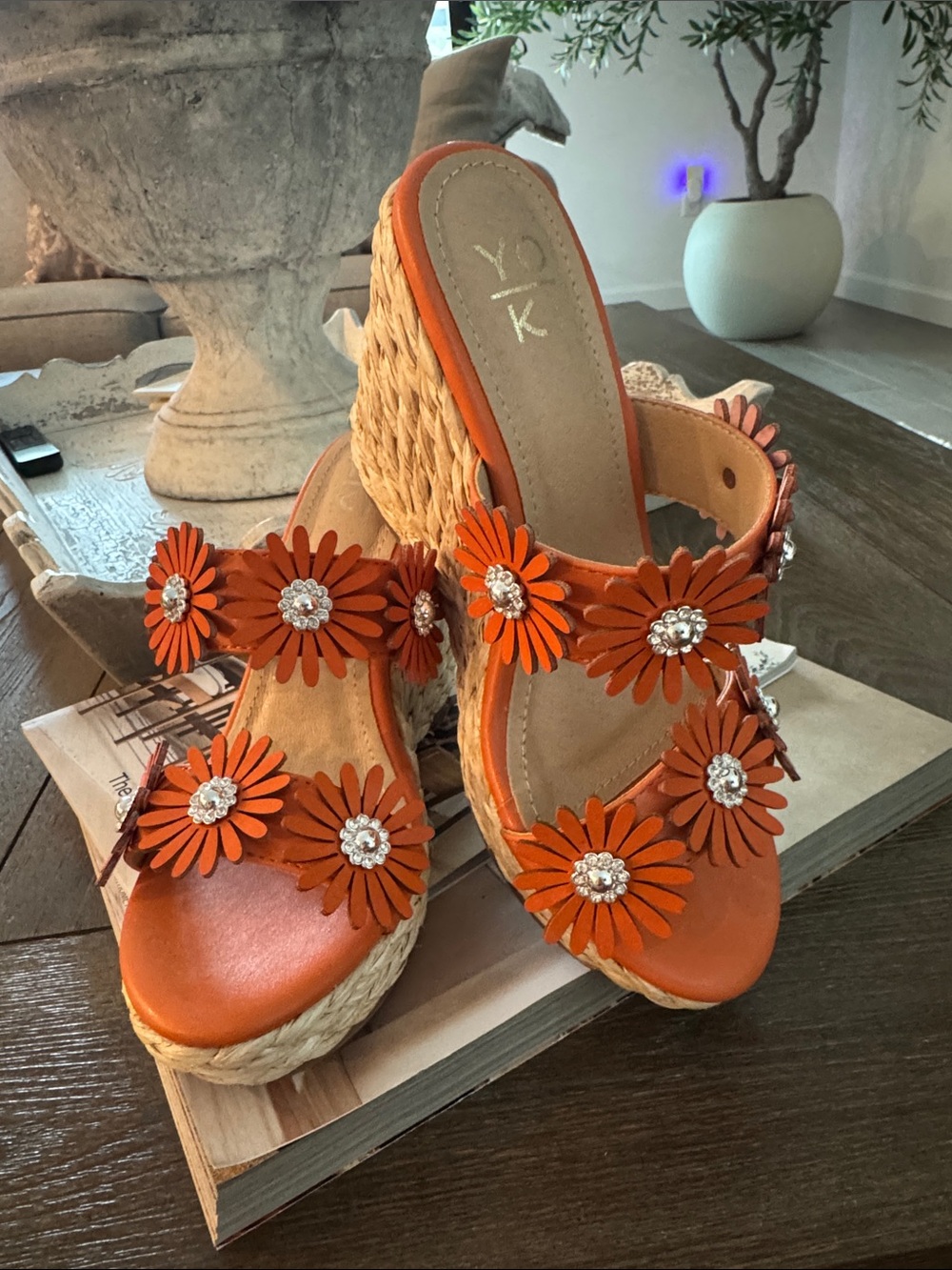 Yo Ki Orange Floral Daisy Wedge Sandals
